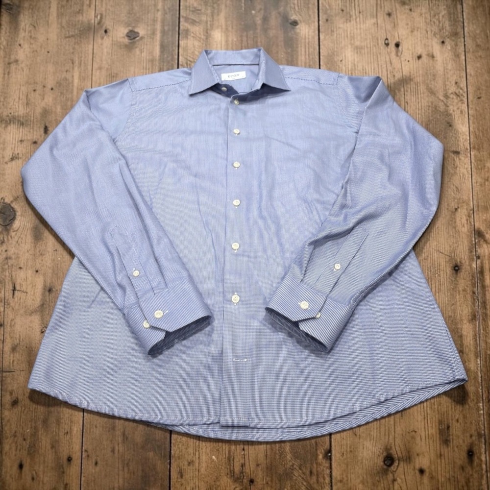 Eton Dress Shirt Mens 17 Slim Blue Micro Houndstooth Spread Collar Long Sleeve